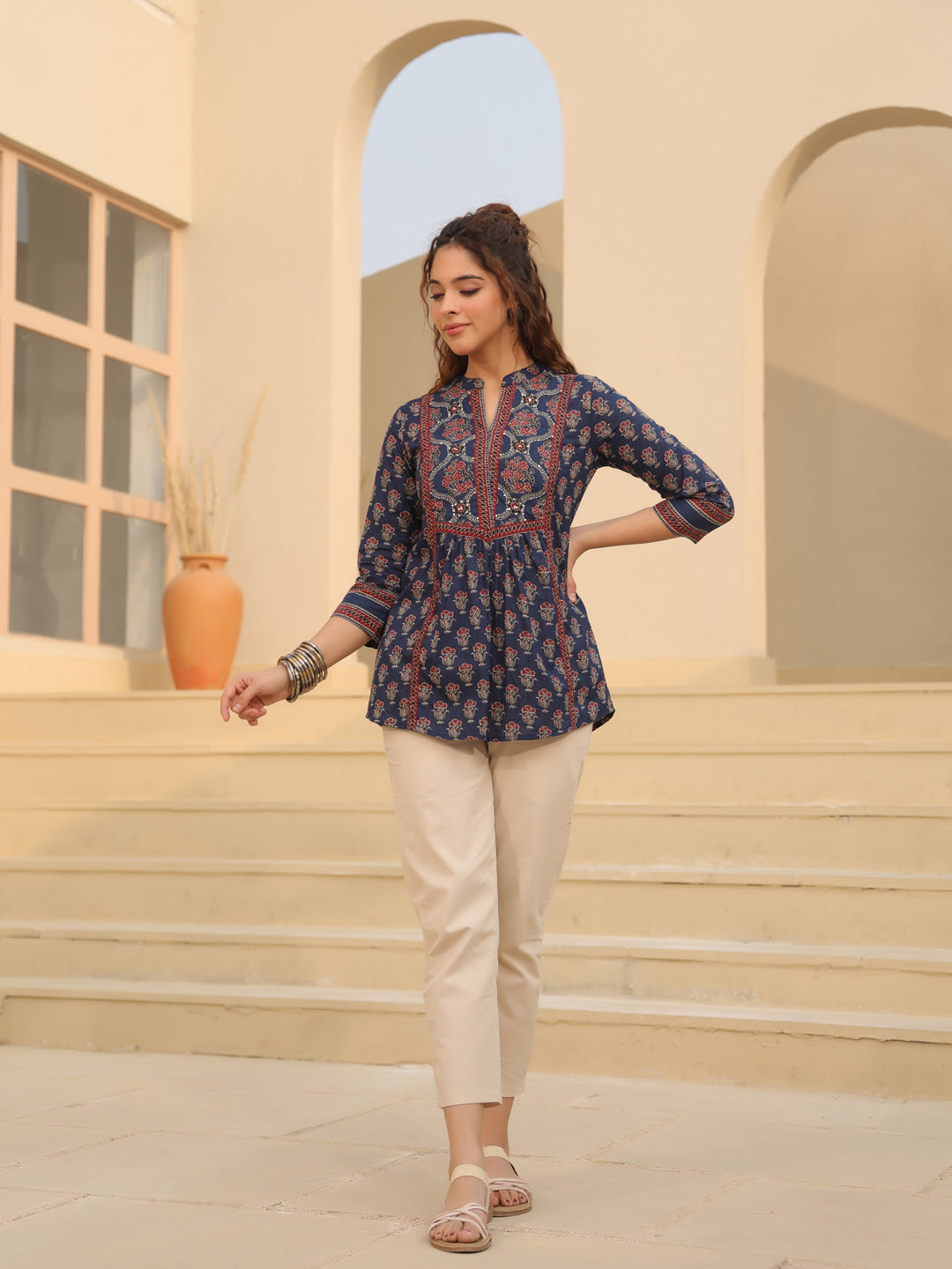 Print Mandarin Collar Cotton Shirt Style Top
