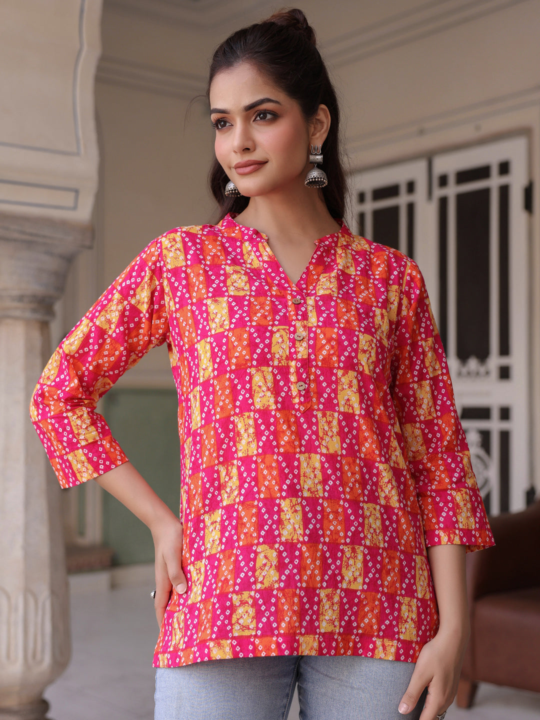 Women Printed Mandarin Collar Cotton Top