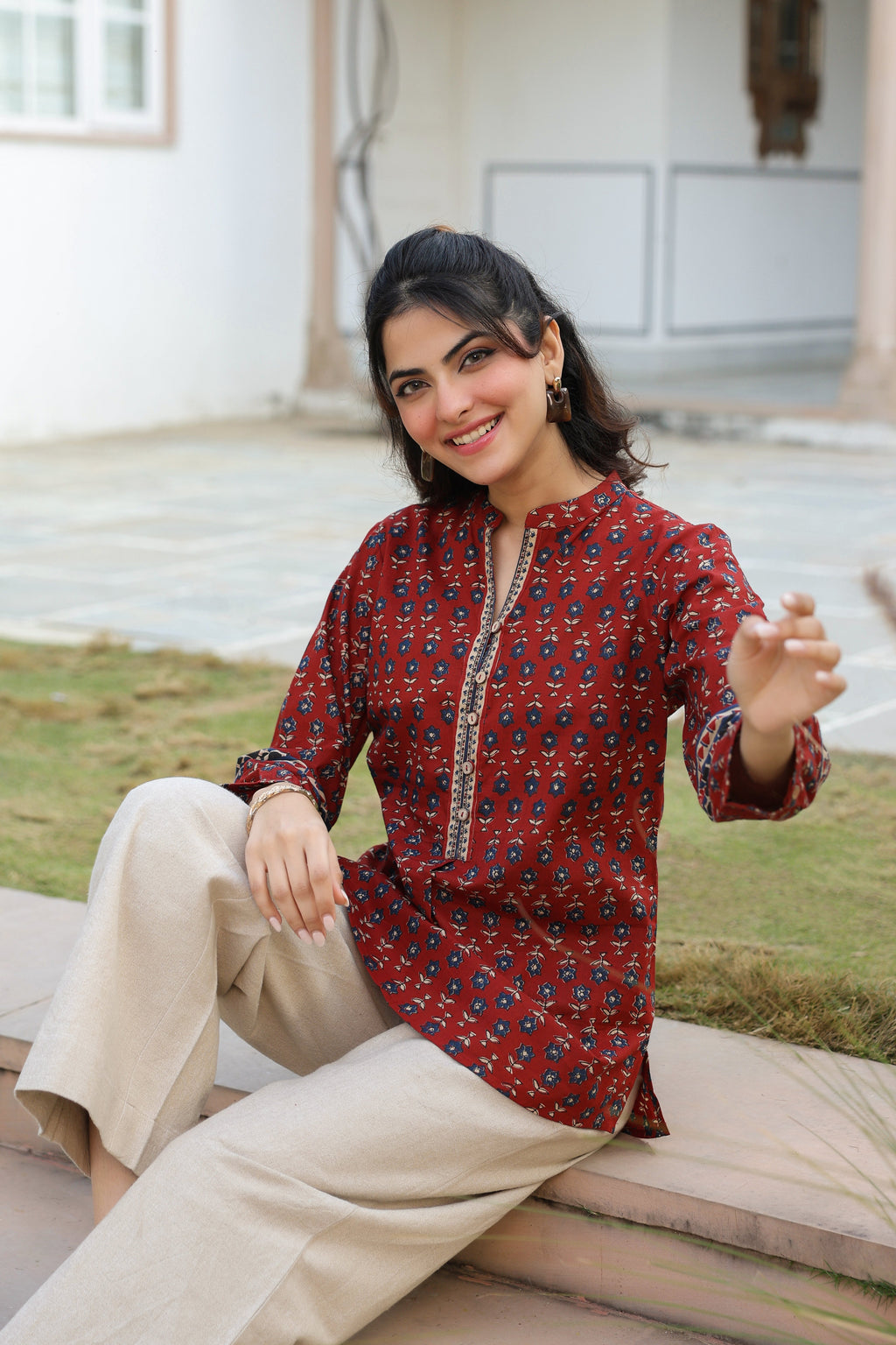Print Mandarin Collar Cotton Top