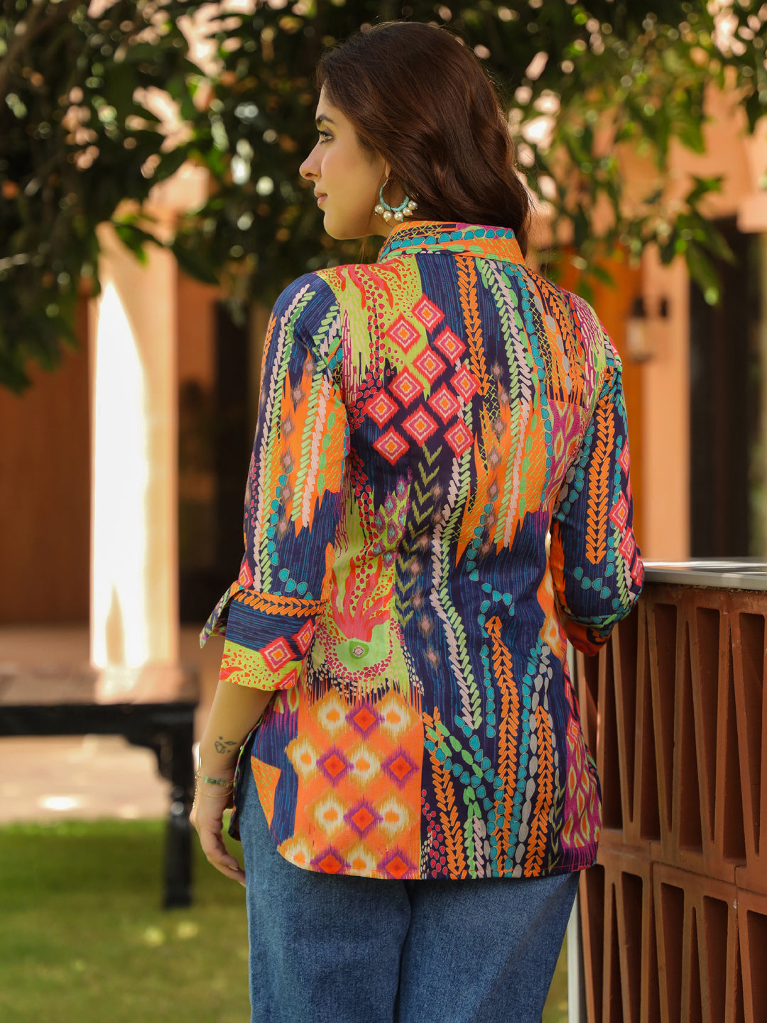 Women Relaxed Fit Abstract Printed Spread Collar Cotton Casual Shirt