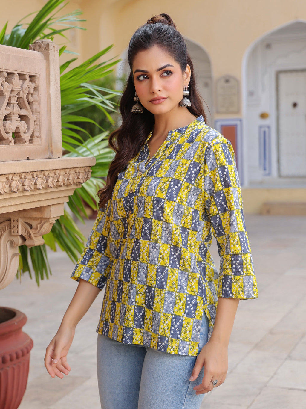 Print Mandarin Collar Cotton Top