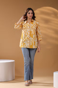 Women Pure Cotton Abstract Printed Shirt Collar Shirt Style Top