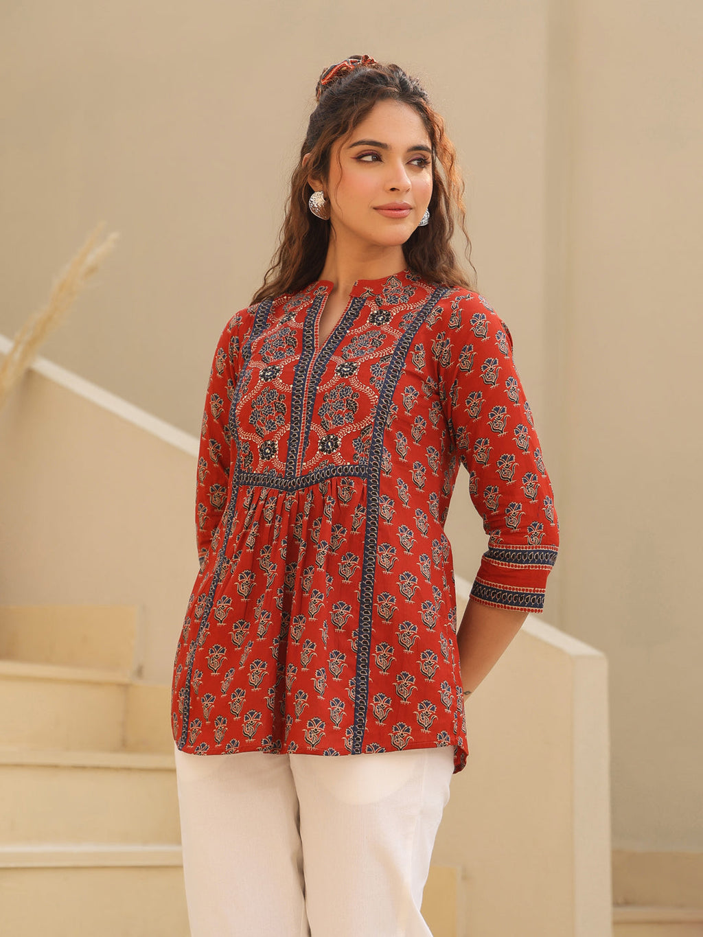 Print Mandarin Collar Cotton Top