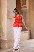 Women Printed Cotton Sleeveless Peplum Top