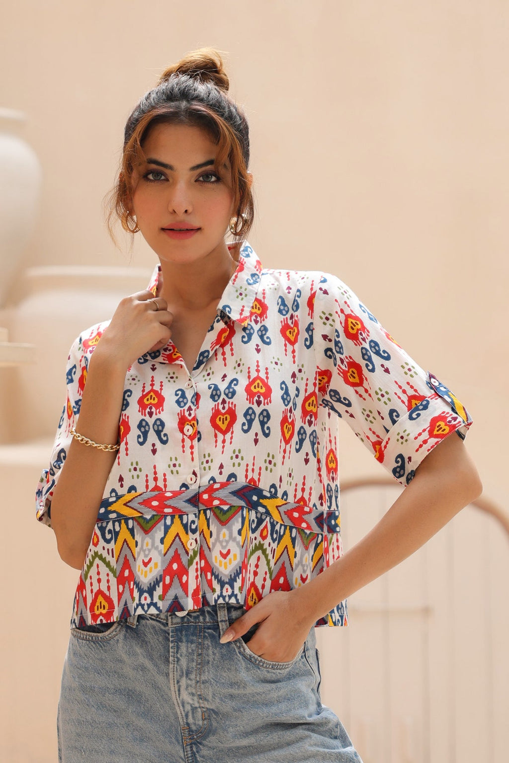 Geometric Print Roll-Up Sleeves Cotton Shirt Style Top