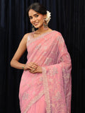 Rose Pink Floral Embellished Net Saree