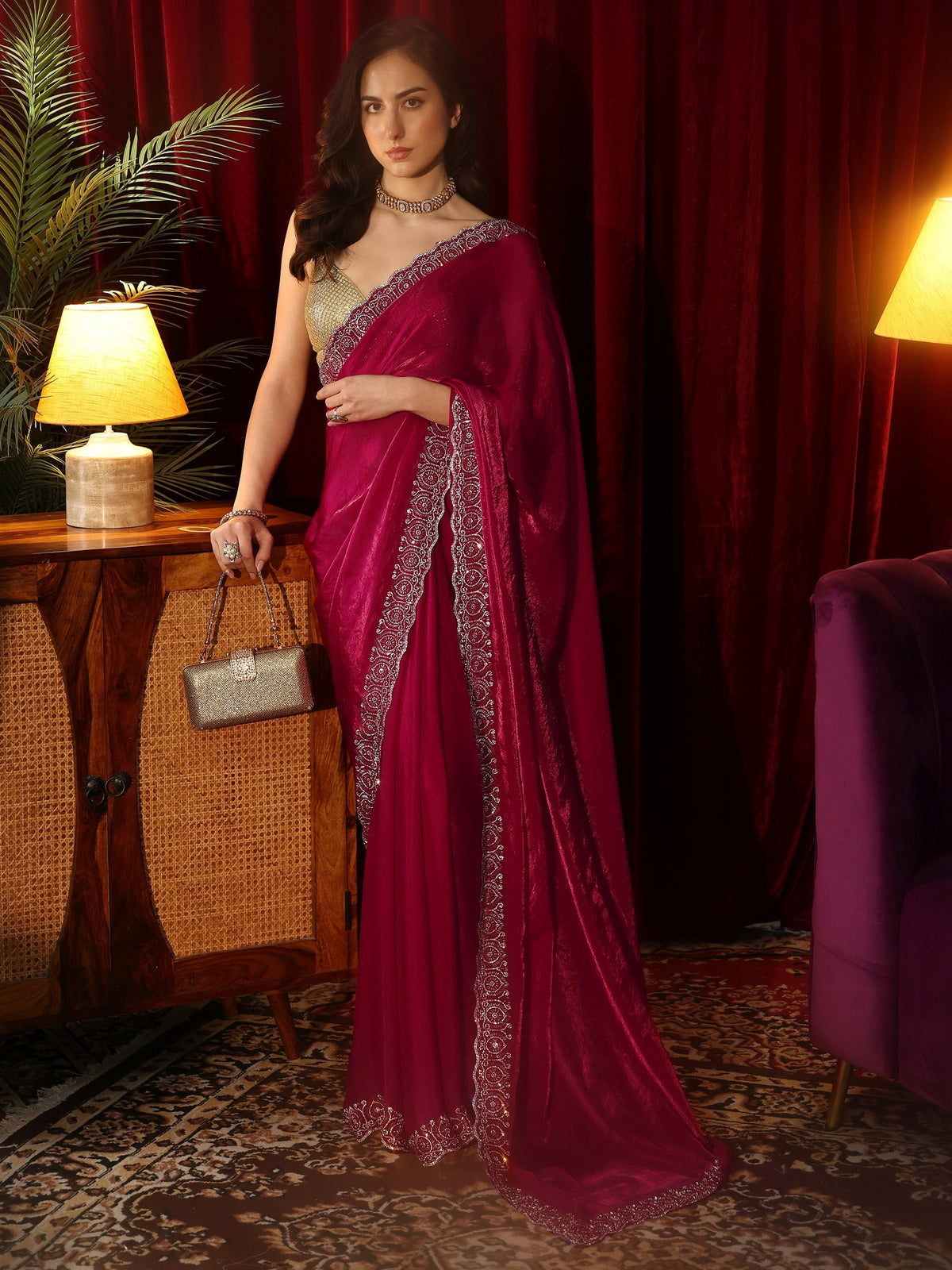 Rose Pink Tissue Saree with Embellished Border