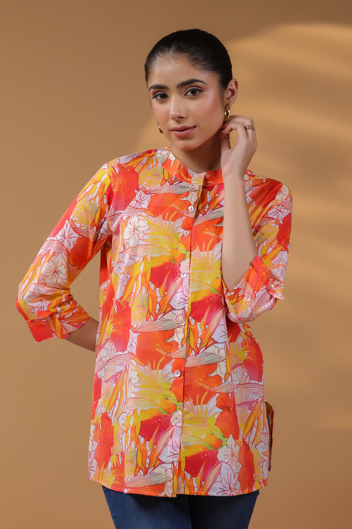 Women Floral Printed Mandarin Collar Cotton Top