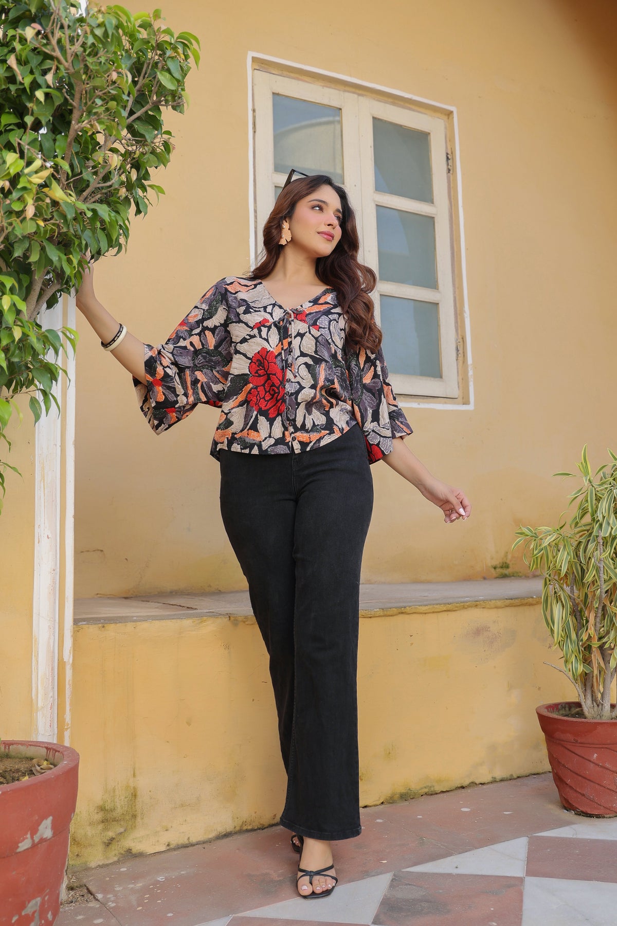 Floral Print Extended Sleeves Kaftan Top