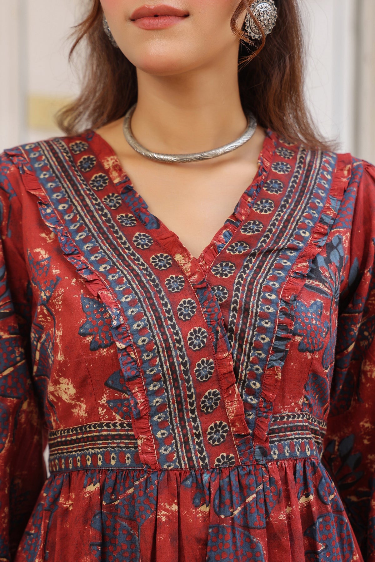 Printed V-Neck Fit and Flare Ethnic Dresses