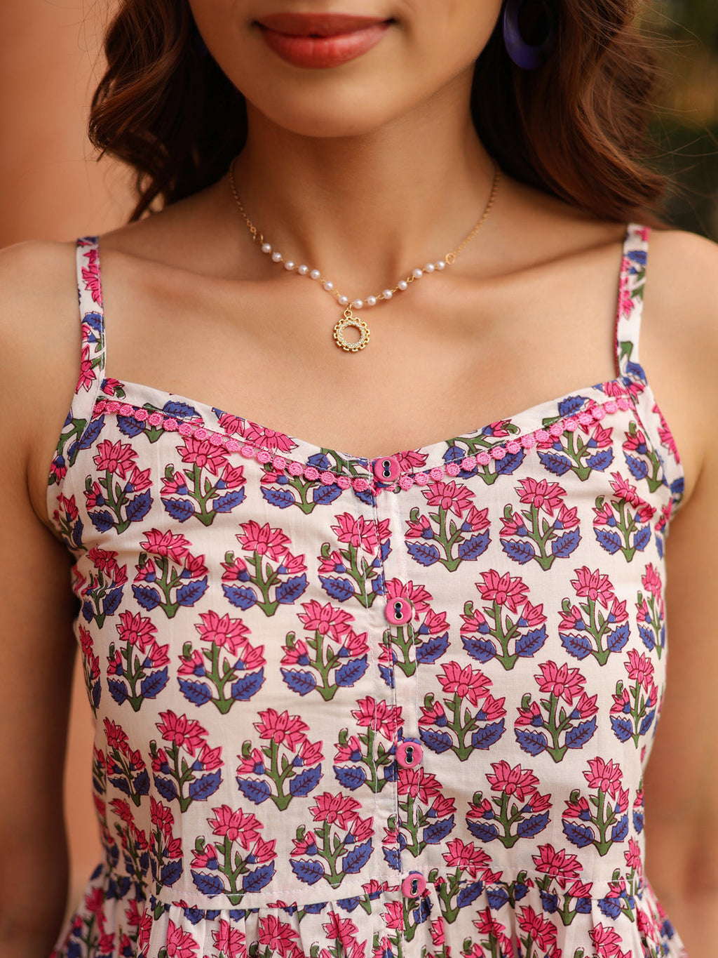 Women Floral Printed Shoulder Straps Pure Cotton Peplum Top