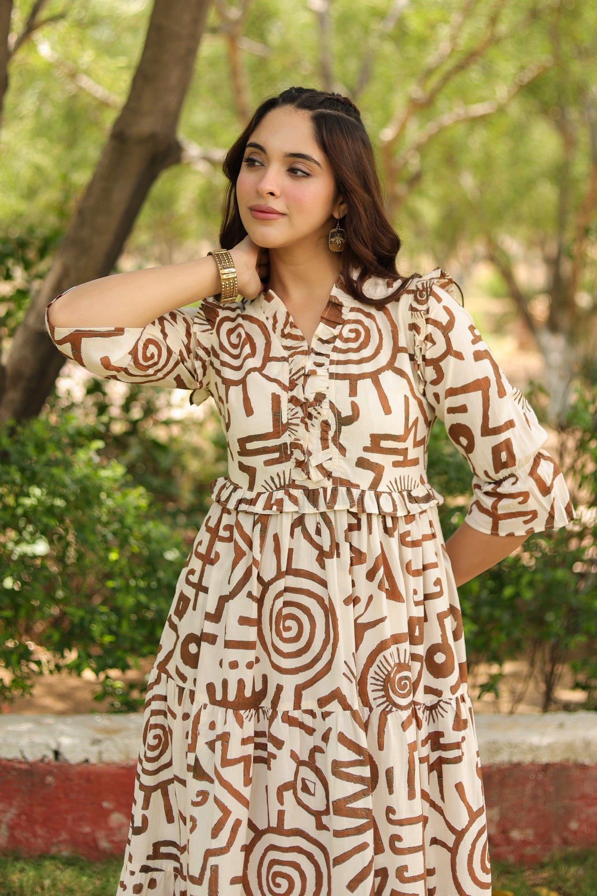 Women Abstract Printed Pure Cotton Tiered Fit & Flare Midi Dress