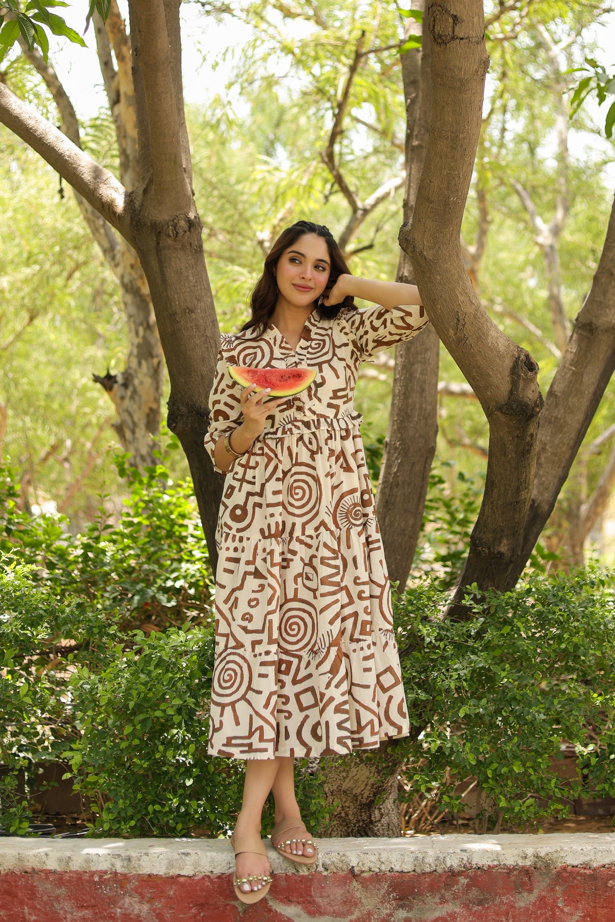 Women Abstract Printed Pure Cotton Tiered Fit & Flare Midi Dress
