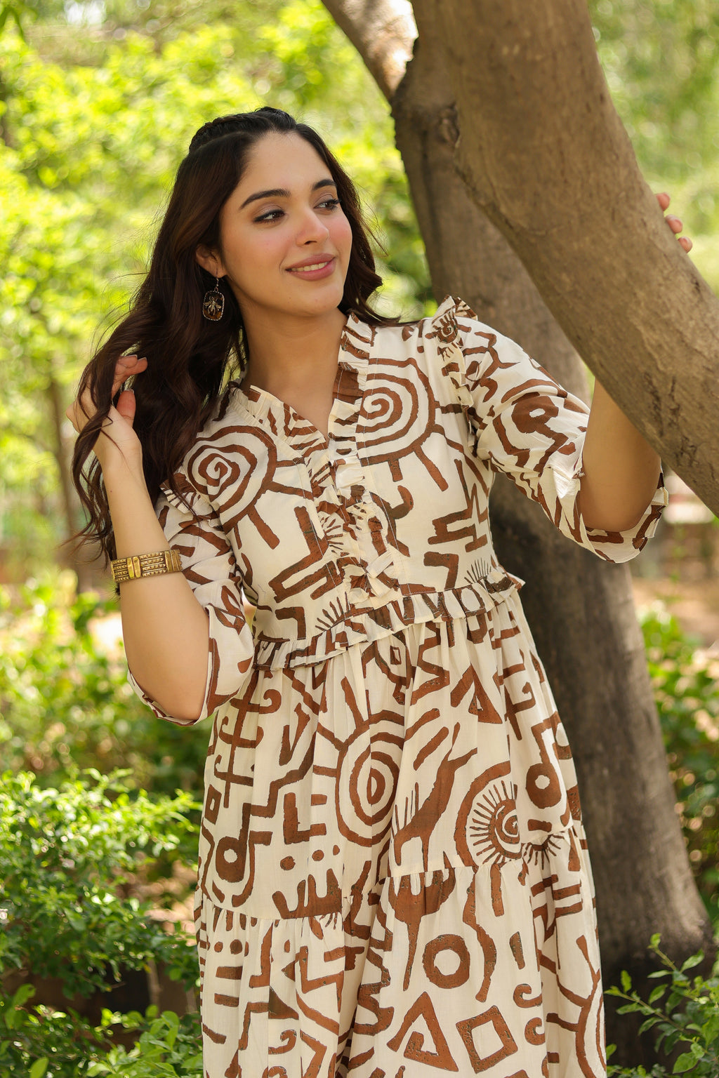 Women Abstract Printed Pure Cotton Tiered Fit & Flare Midi Dress