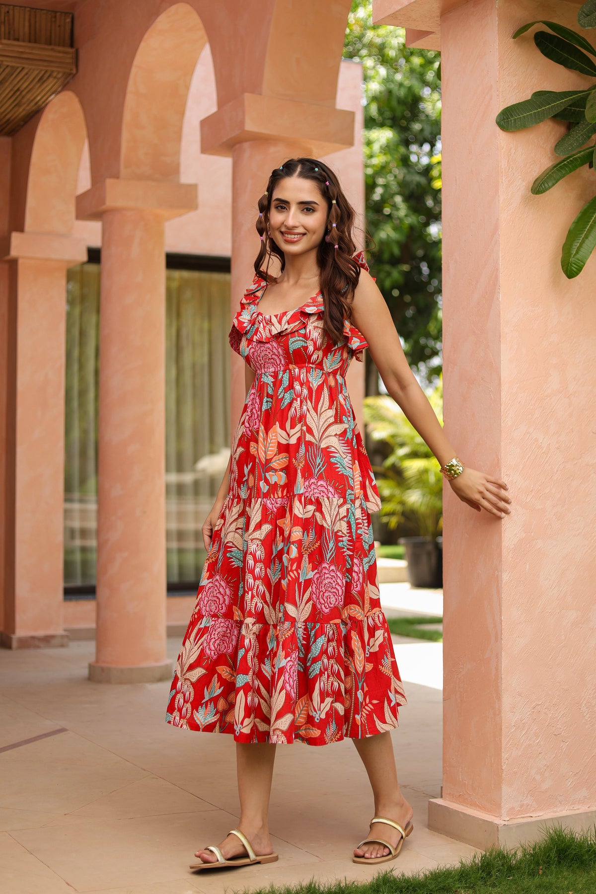 Tropical Printed Square Neck Pure Cotton Midi Dress