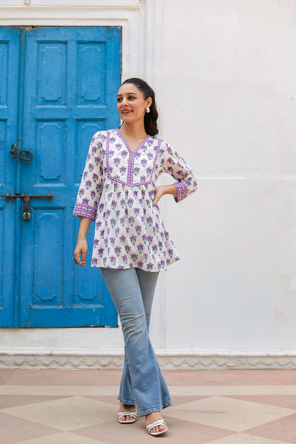 Women Floral Printed V-Neck A-Line Cotton Top