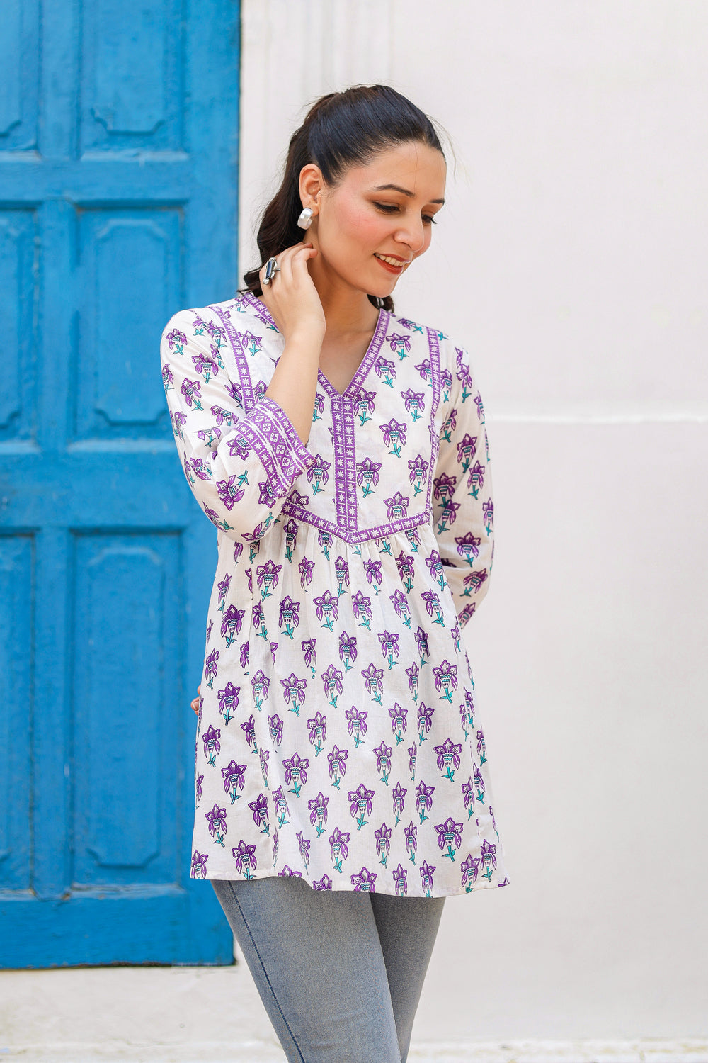 Women Floral Printed V-Neck A-Line Cotton Top