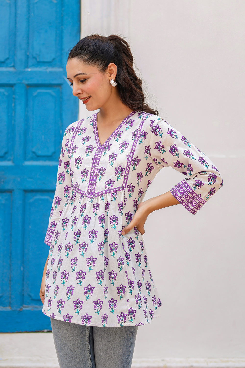 Women Floral Printed V-Neck A-Line Cotton Top
