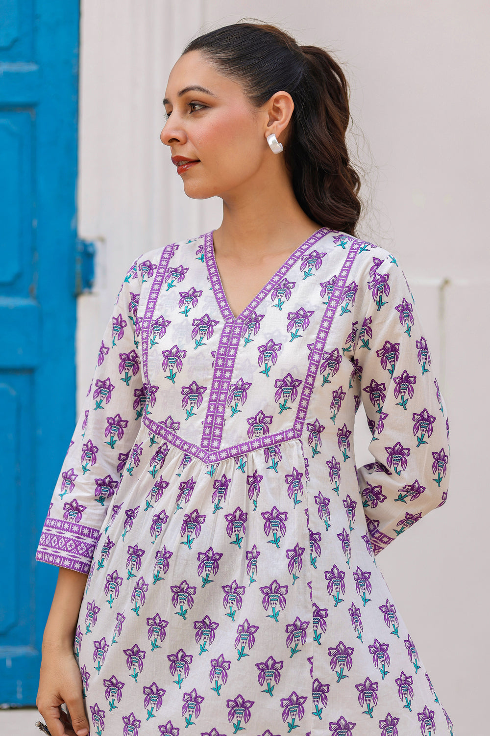 Women Floral Printed V-Neck A-Line Cotton Top