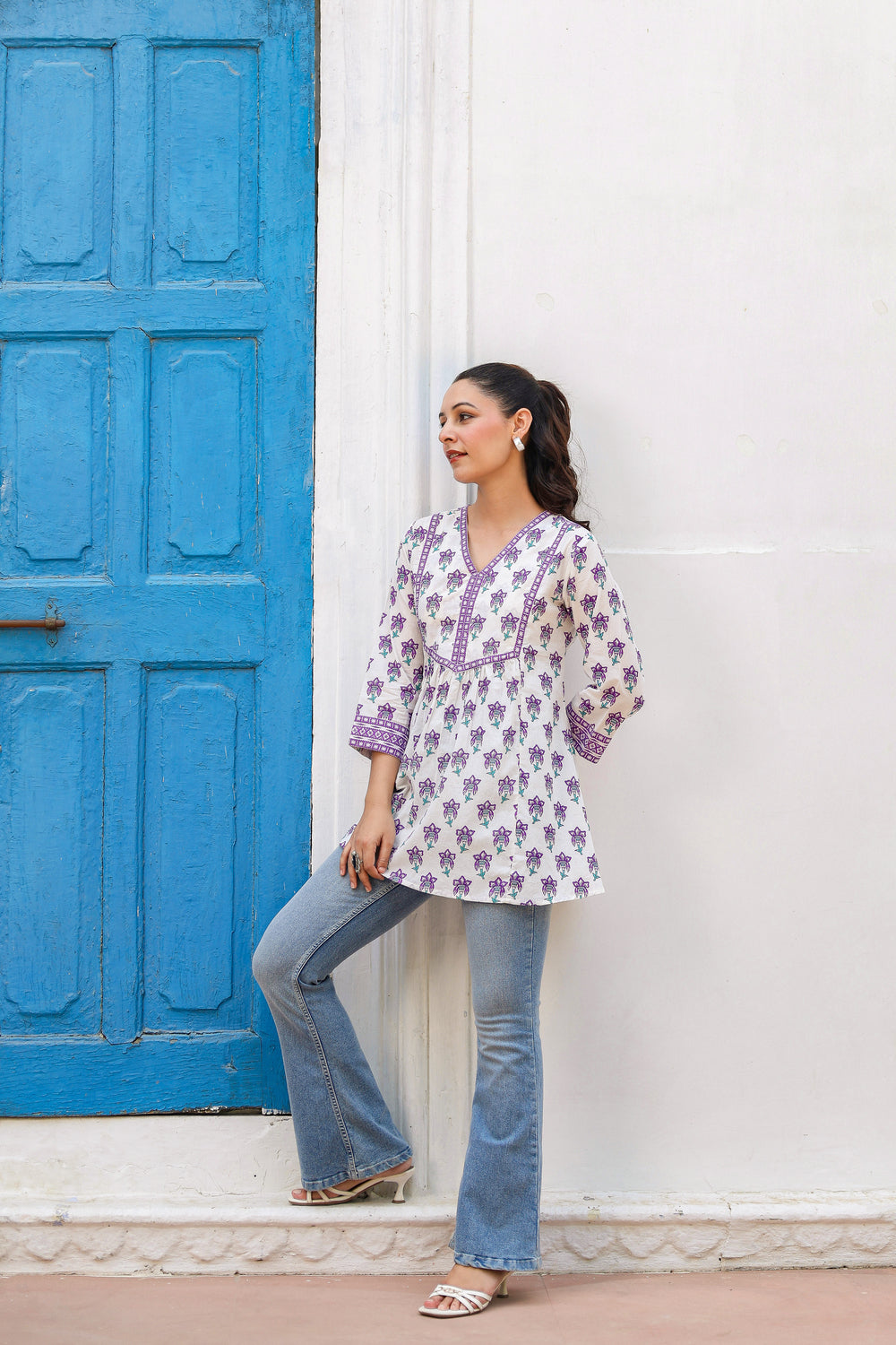 Women Floral Printed V-Neck A-Line Cotton Top