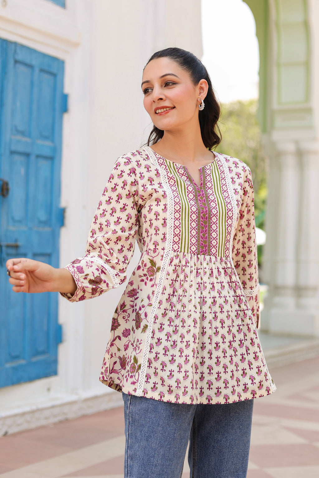 Women Floral Printed Cotton Peplum Top