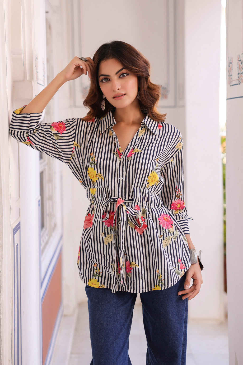 Women Vertical Striped Spread Collar Pure Cotton Casual Shirt