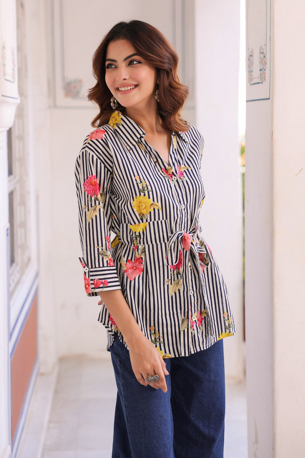 Women Vertical Striped Spread Collar Pure Cotton Casual Shirt