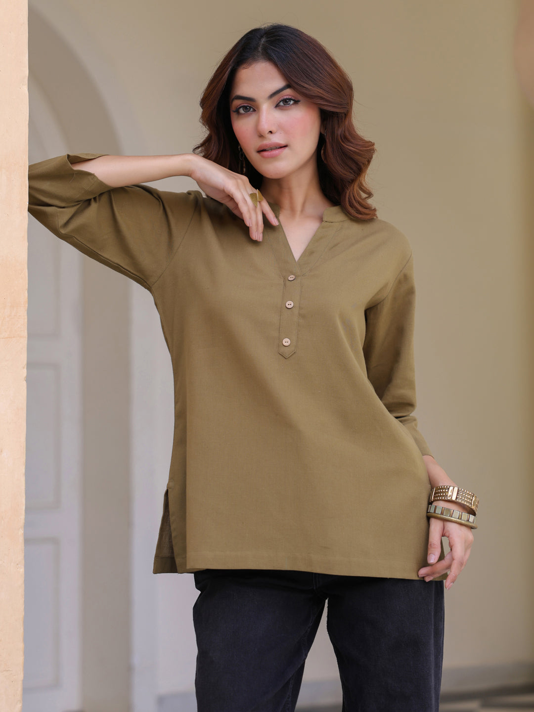 Women Mandarin Collar Cotton Regular Top