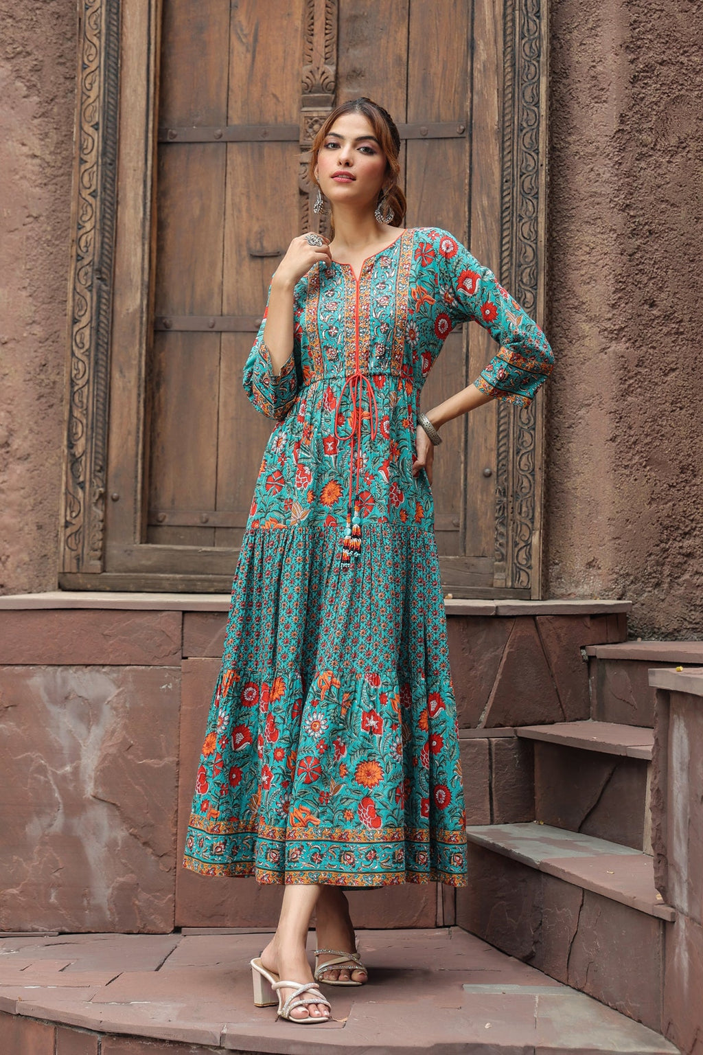Women Green & Red Ethnic Pure Cotton A-Line Long Dress