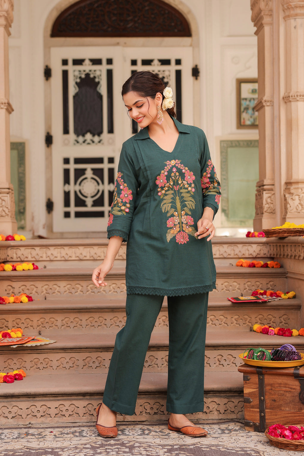 Embroidered Pure Cotton Tunic With Trouser