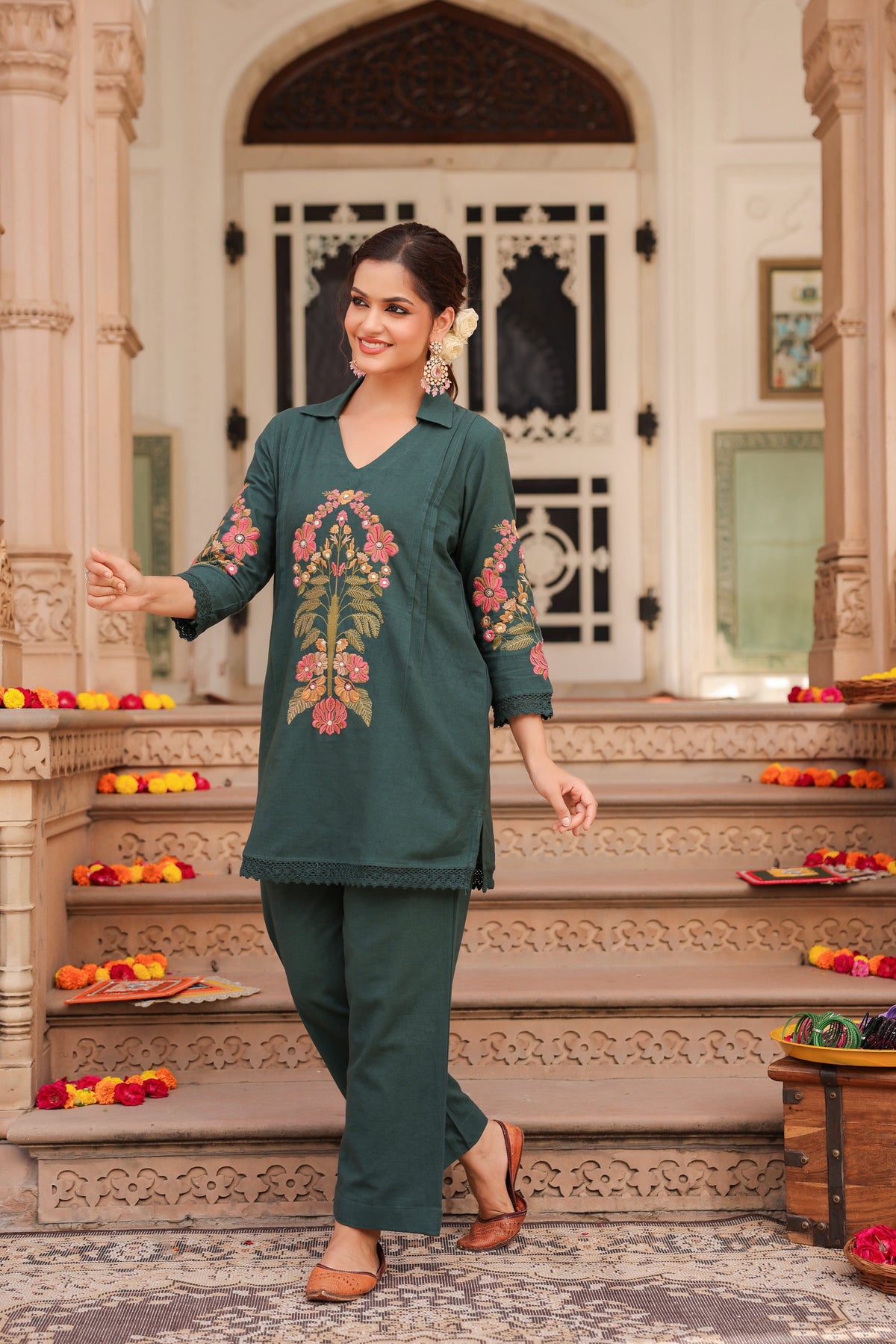 Embroidered Pure Cotton Tunic With Trouser