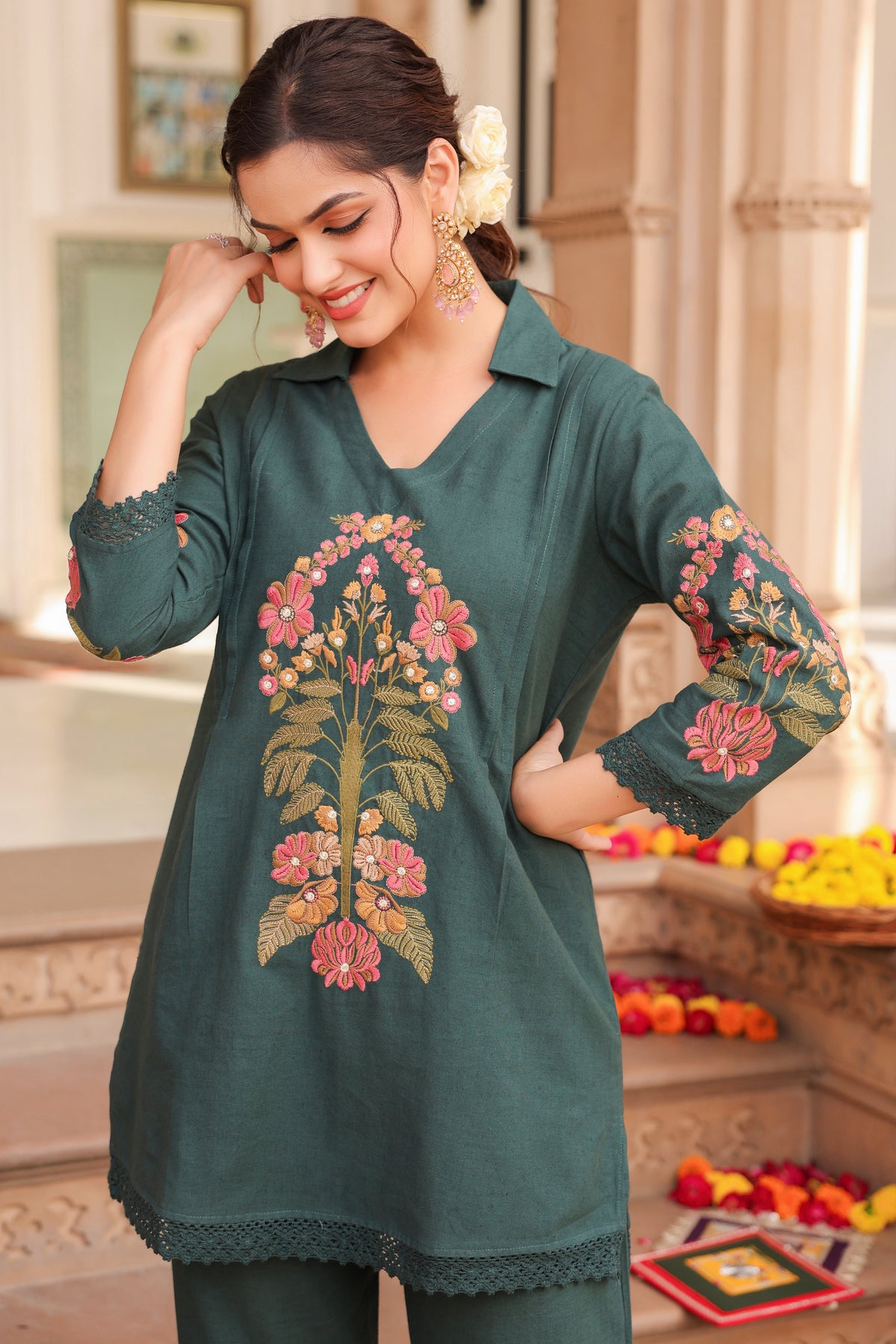 Embroidered Pure Cotton Tunic With Trouser