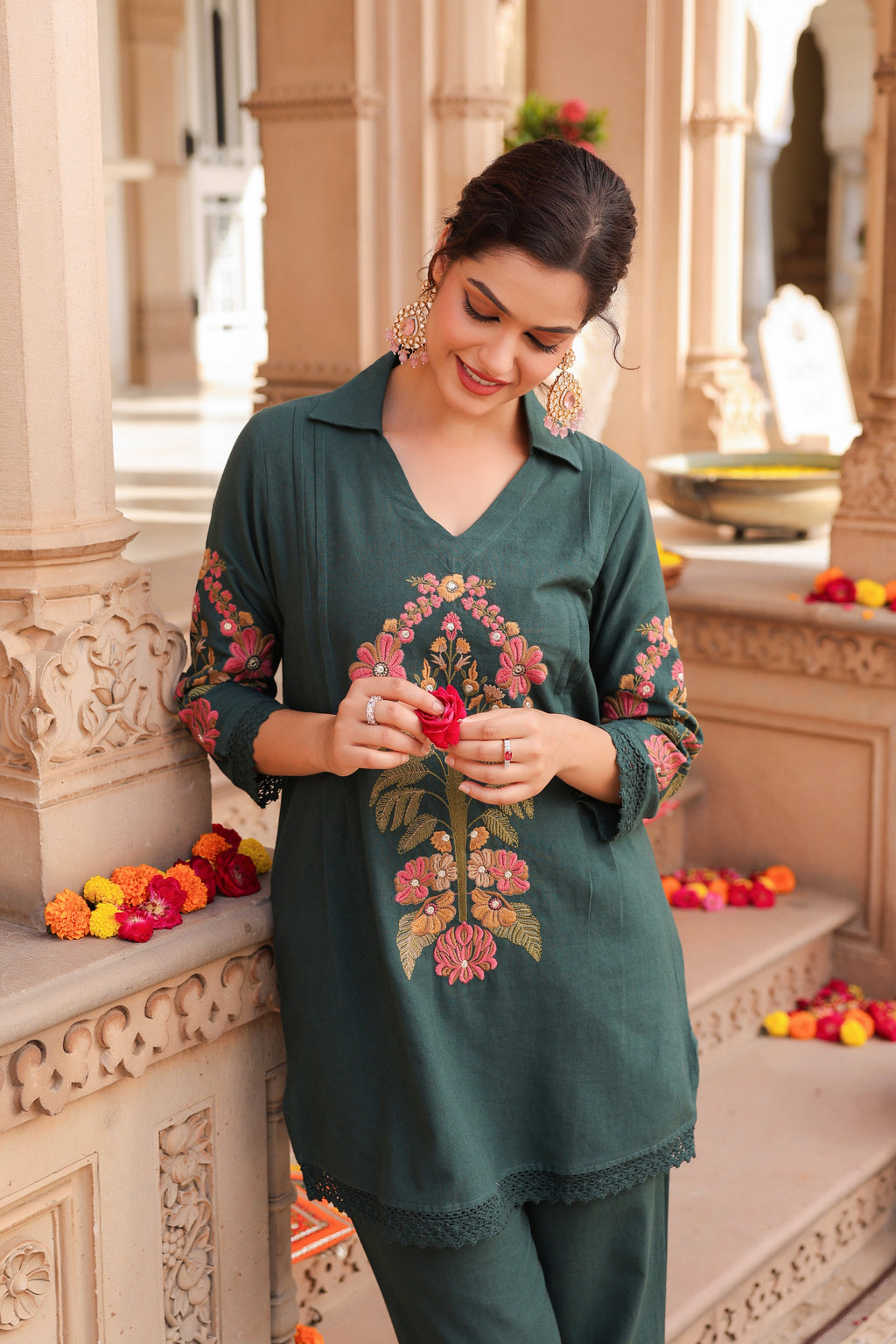 Embroidered Pure Cotton Tunic With Trouser