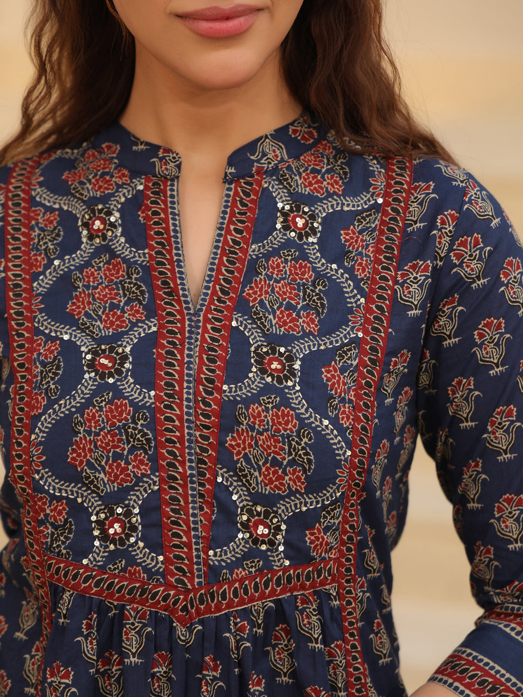 Print Mandarin Collar Cotton Shirt Style Top