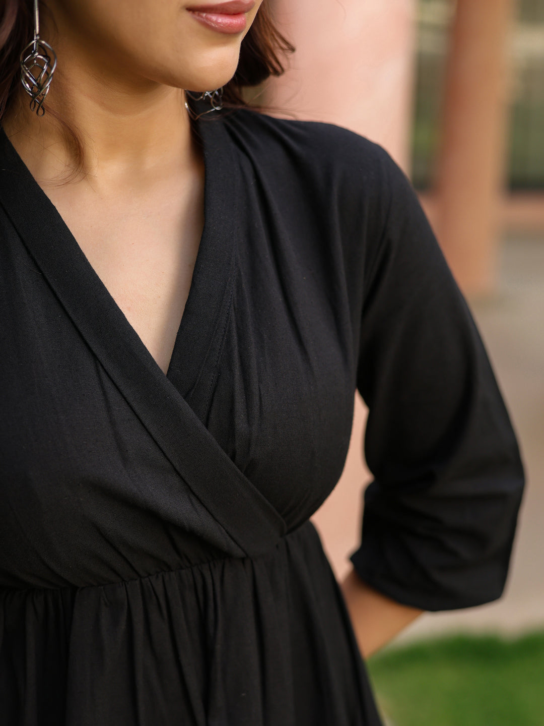 Women Solid Tiered Wrap Pure Cotton Mini Dress