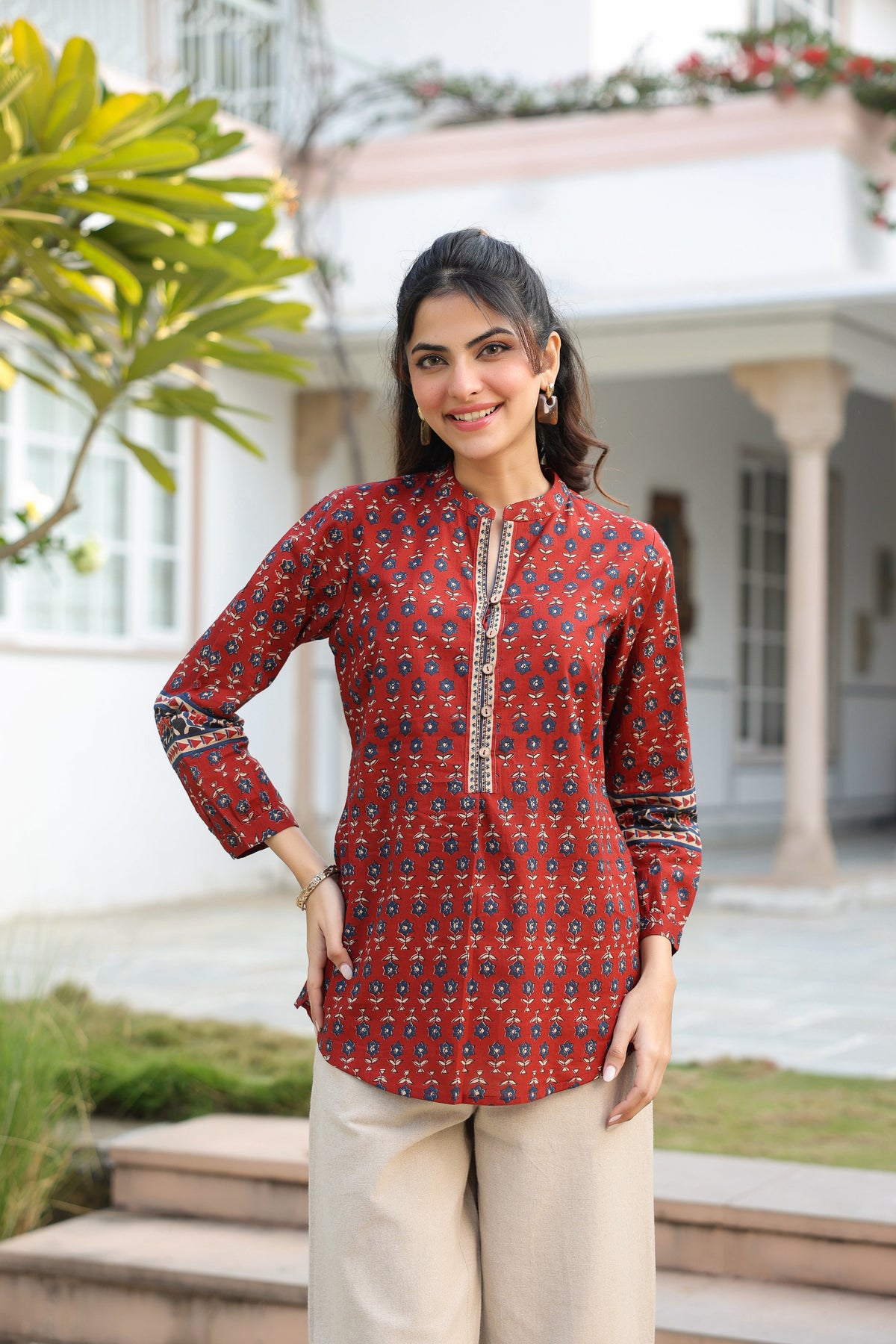 Print Mandarin Collar Cotton Top