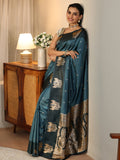 Teal Blue Elephant Woven Design Silk Blend Saree