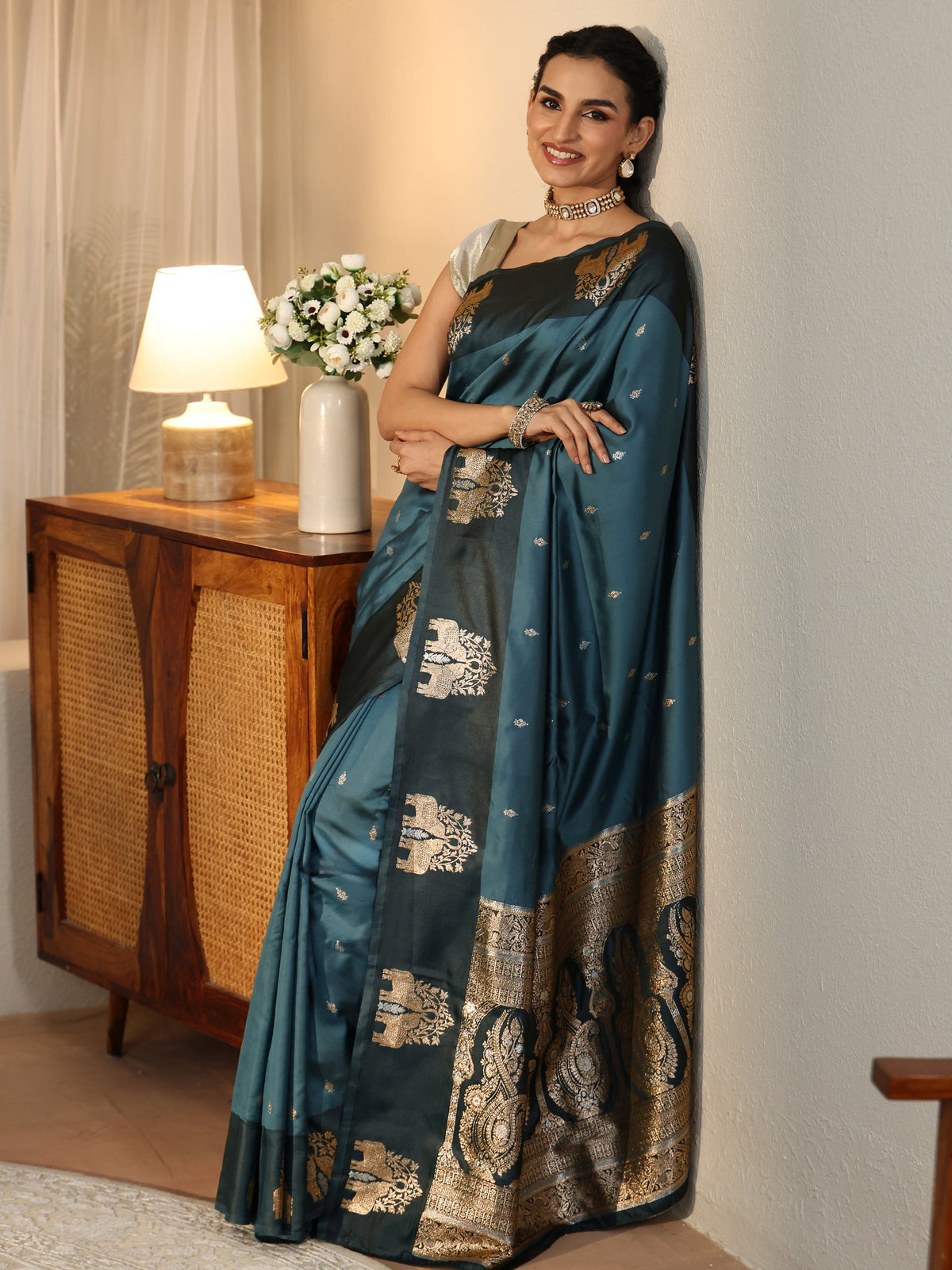 Teal Blue Elephant Woven Design Silk Blend Saree