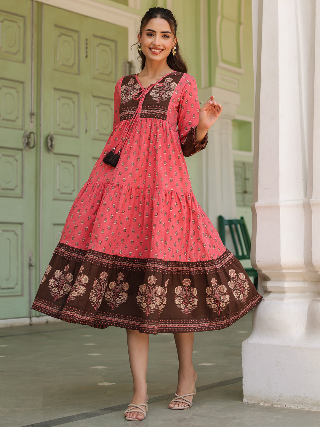 Ethnic Motifs Printed Tiered Pure Cotton V-Neck Fit & Flared Midi Dress