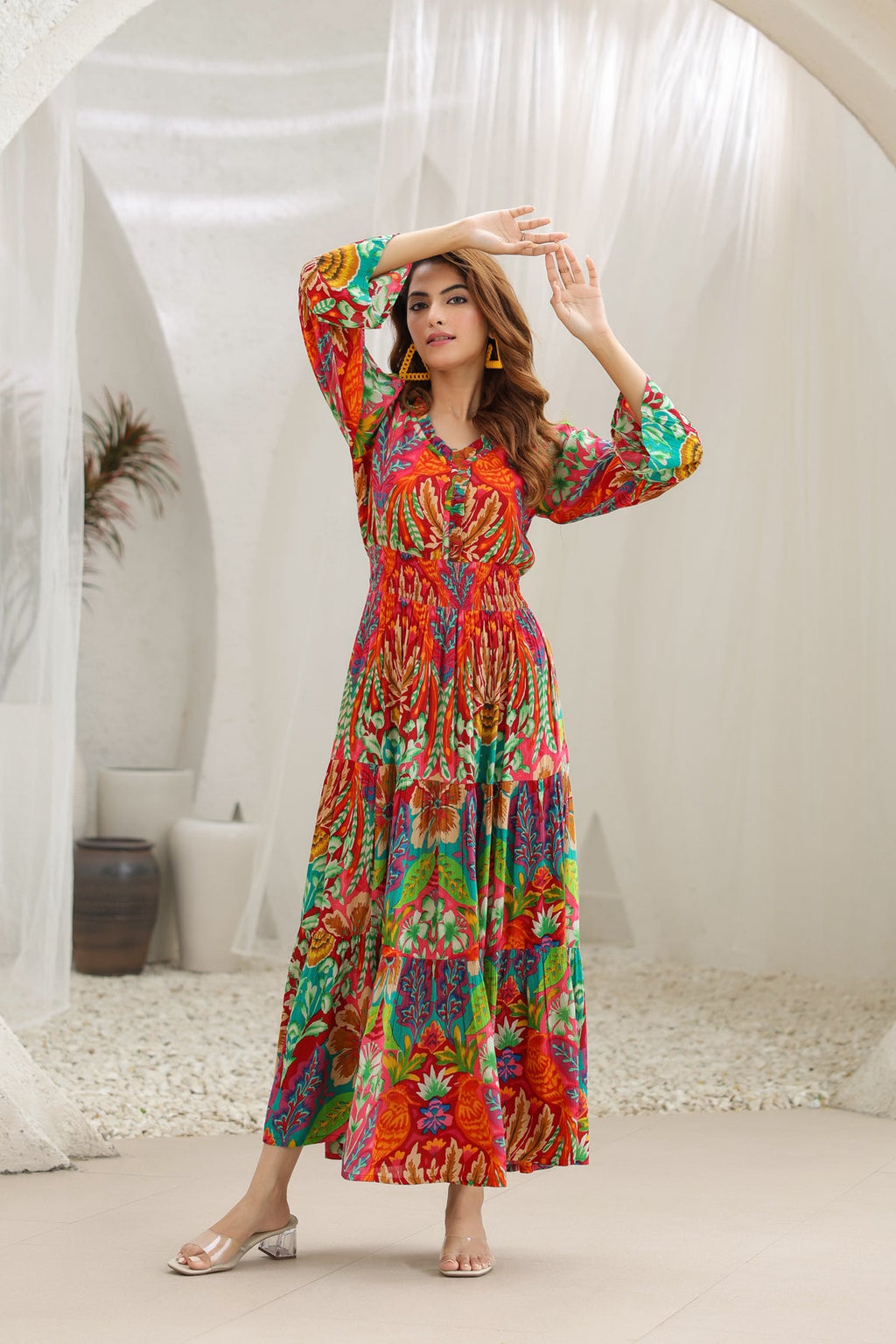 Women Abstract Printed Fit & Flare Maxi Ethnic Dress