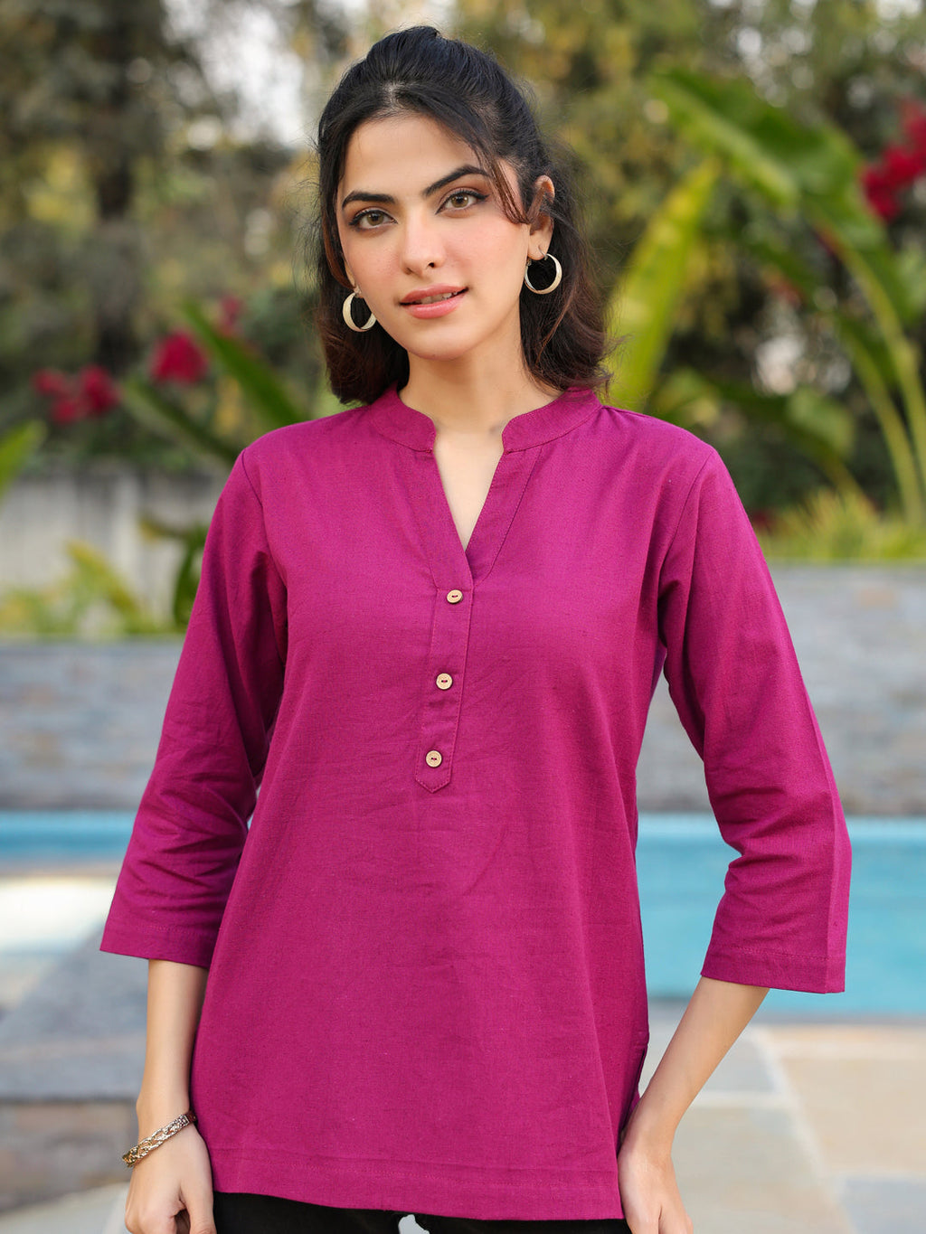 Women Mandarin Collar Cotton Regular Top