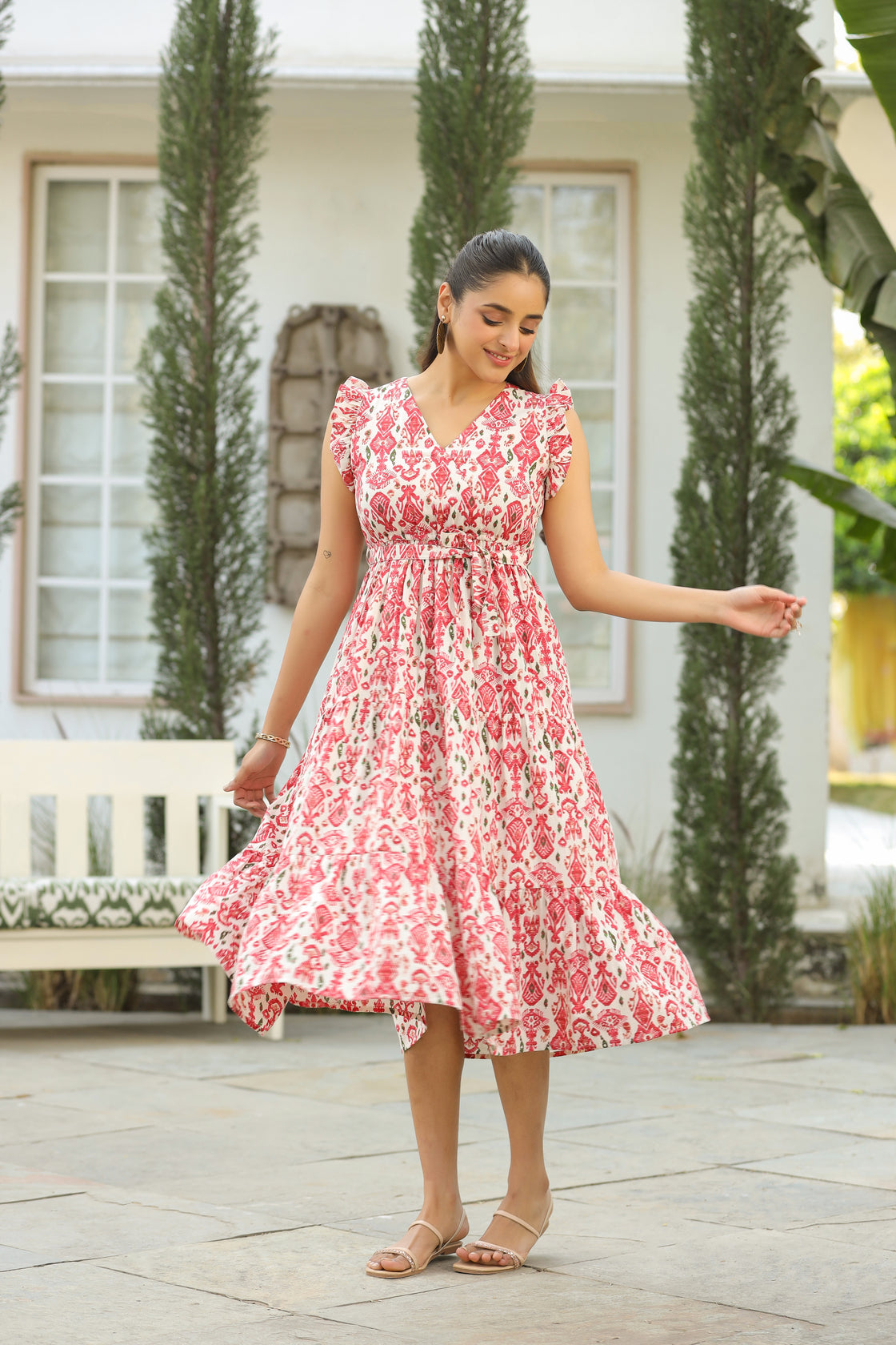 Printed V-Neck Fit and Flare Ethnic Dresses
