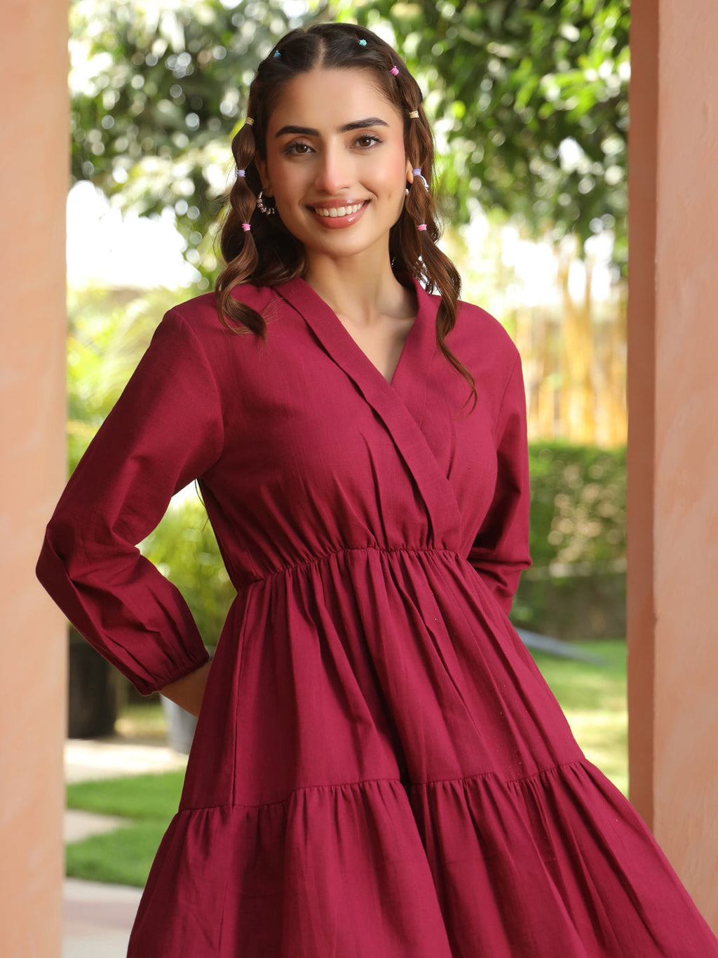 Women Solid Tiered Wrap Pure Cotton Mini Dress