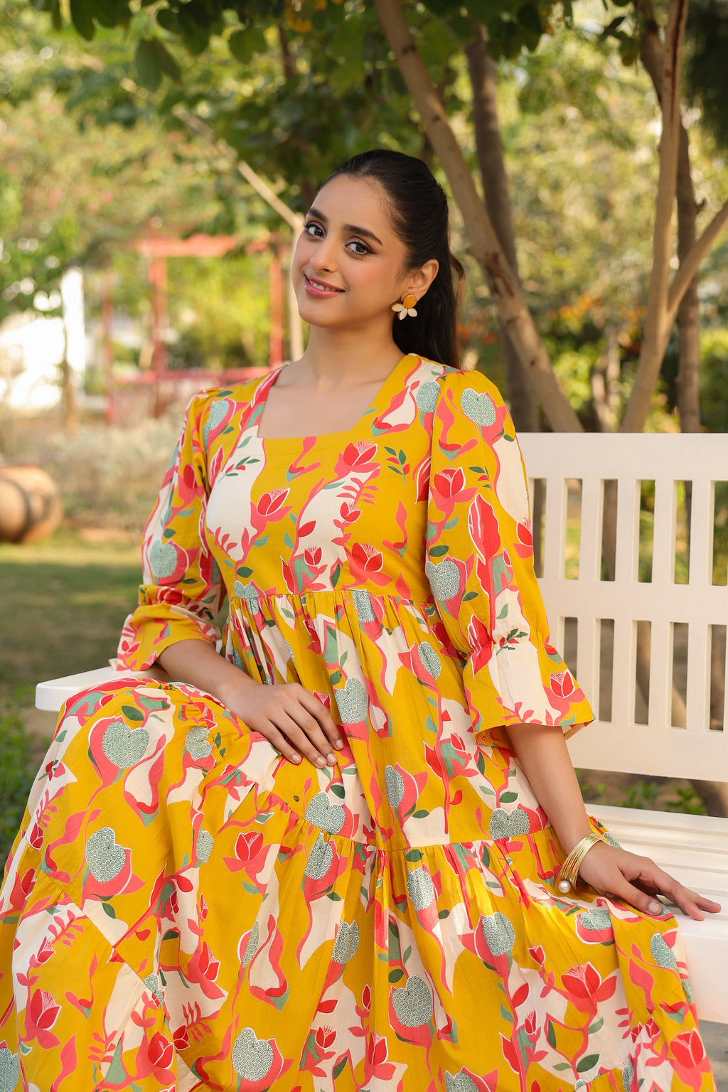 Printed Square Neck Fit and Flare Ethnic Dresses