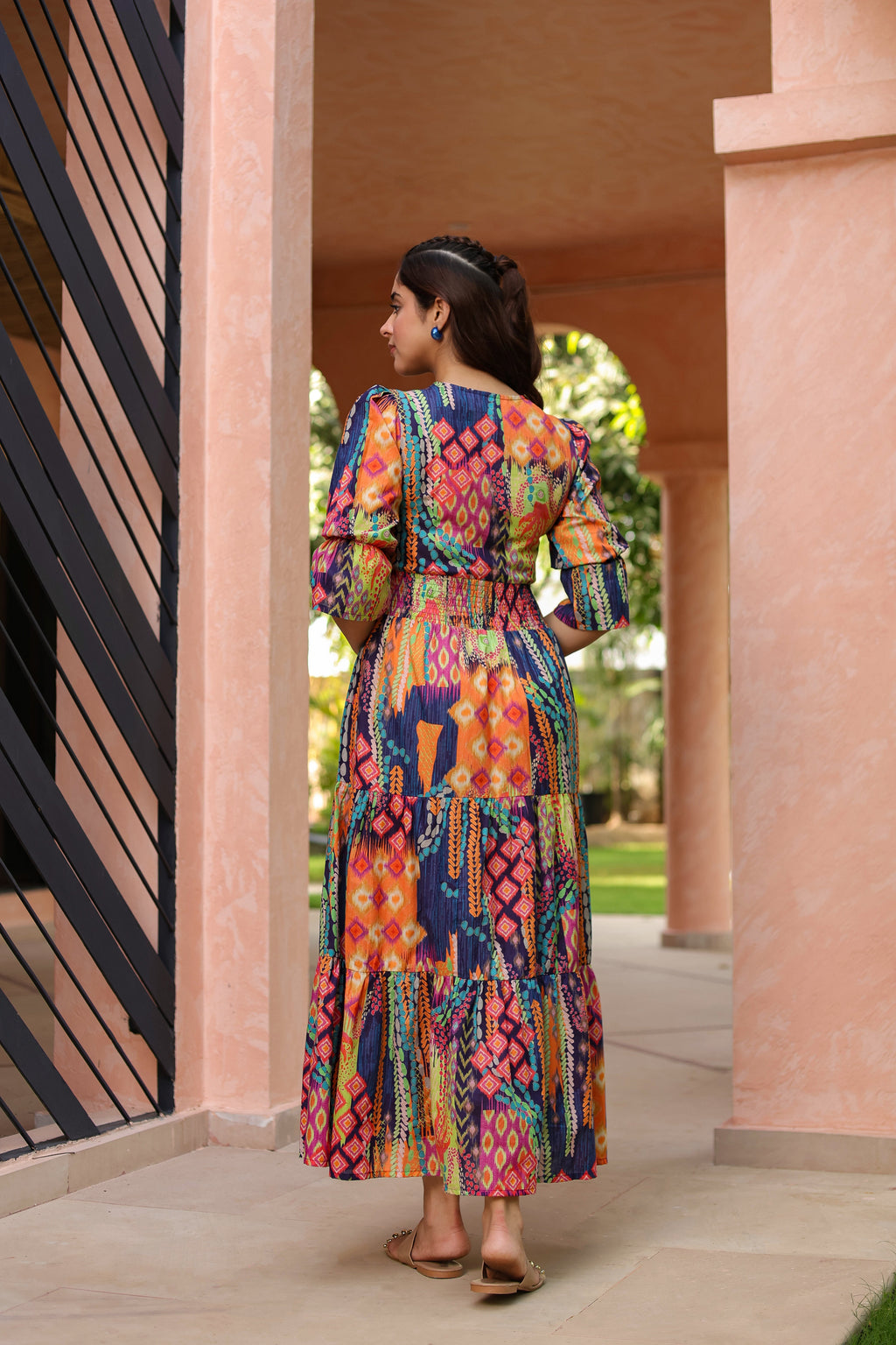 Women Ethnic Printed V Neck Ruffle Detail Dress