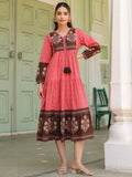 Ethnic Motifs Printed Tiered Pure Cotton V-Neck Fit & Flared Midi Dress