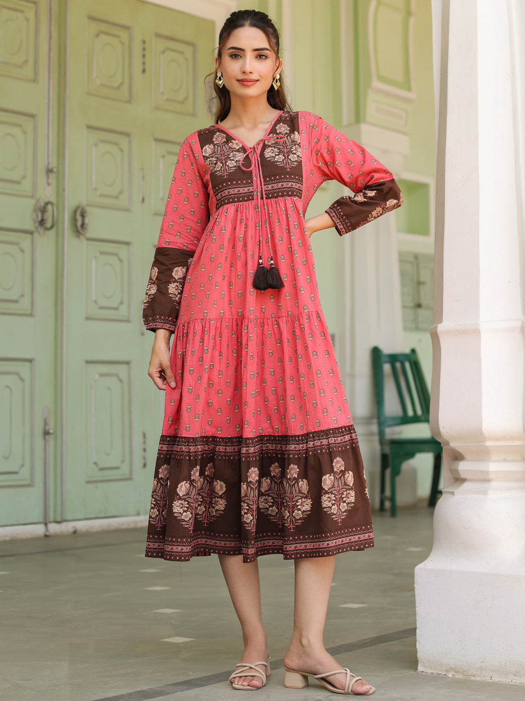 Ethnic Motifs Printed Tiered Pure Cotton V-Neck Fit & Flared Midi Dress