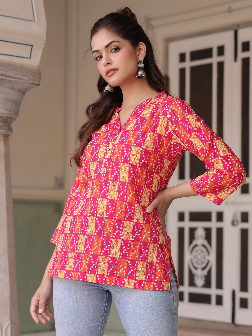 Women Printed Mandarin Collar Cotton Top
