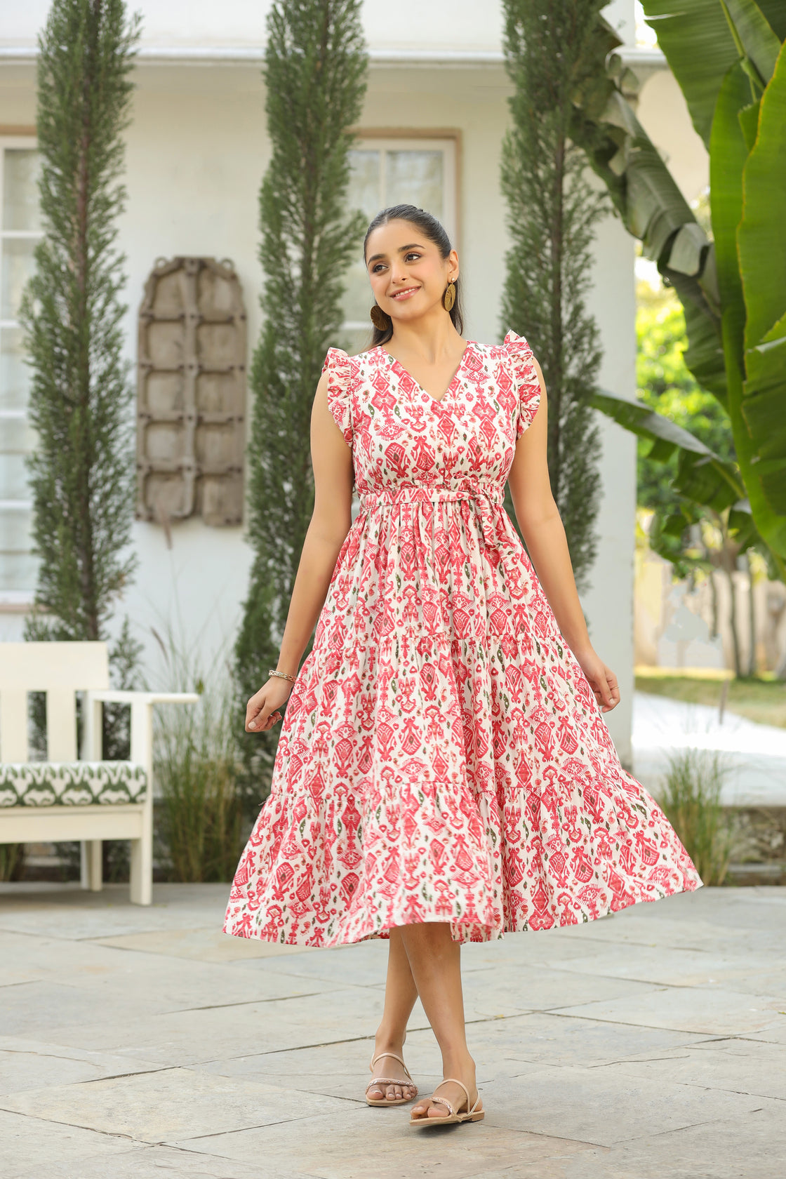 Printed V-Neck Fit and Flare Ethnic Dresses