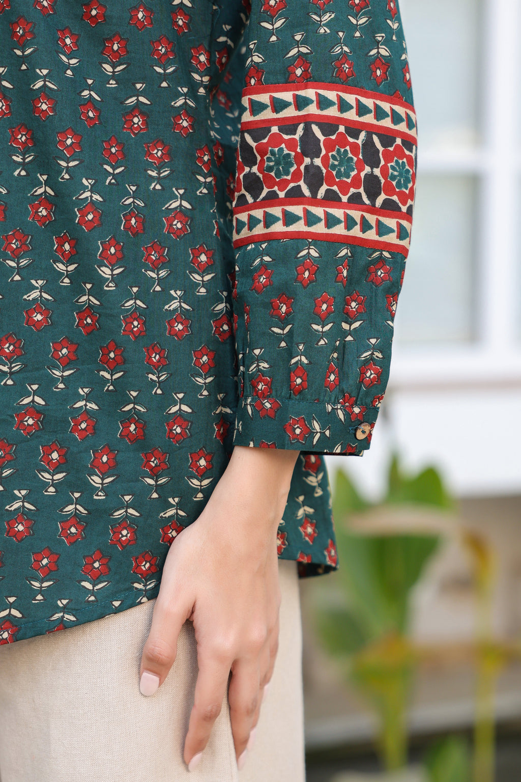 Print Mandarin Collar Cotton Top